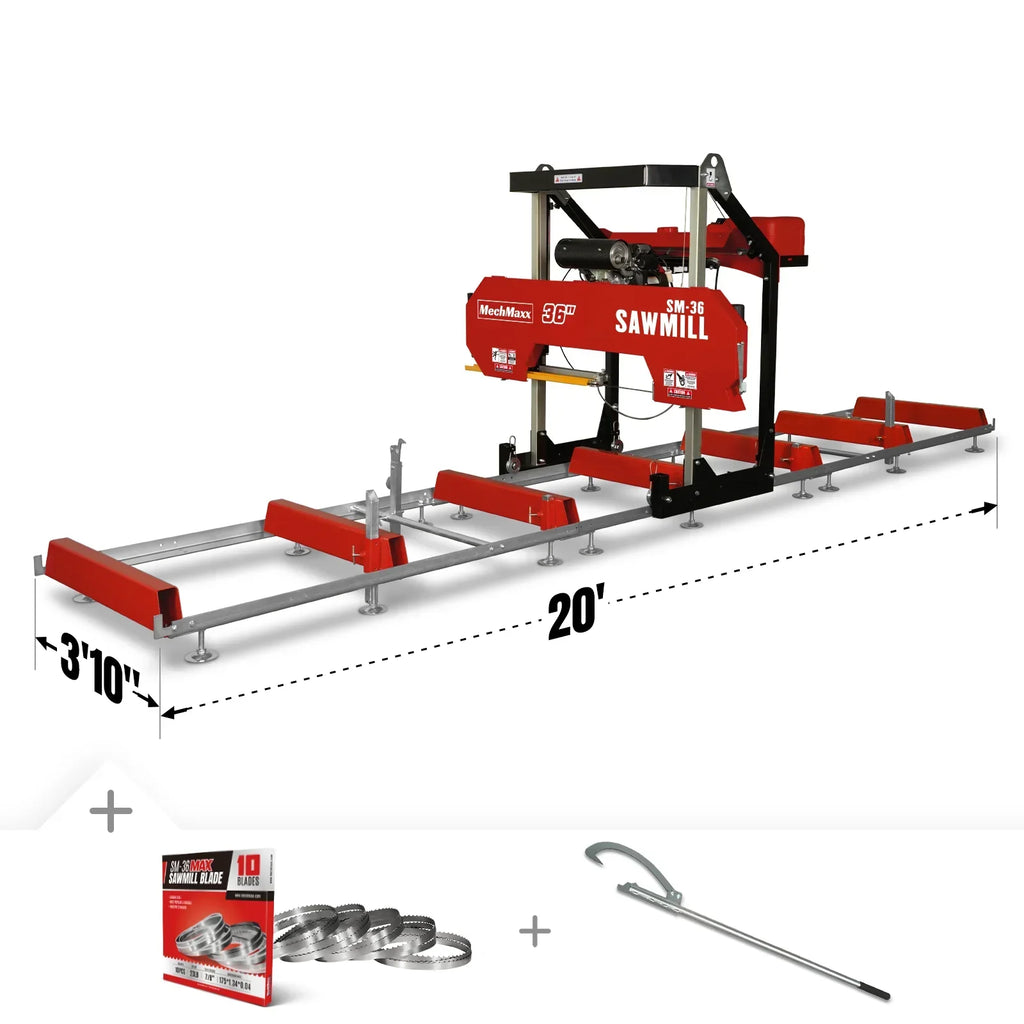 36" MAX Portable Sawmill,  25HP 688cc HONDA GX690 V-Twin Engine,  35" Board Width,  20' Track Length,  (10 Blades Included)