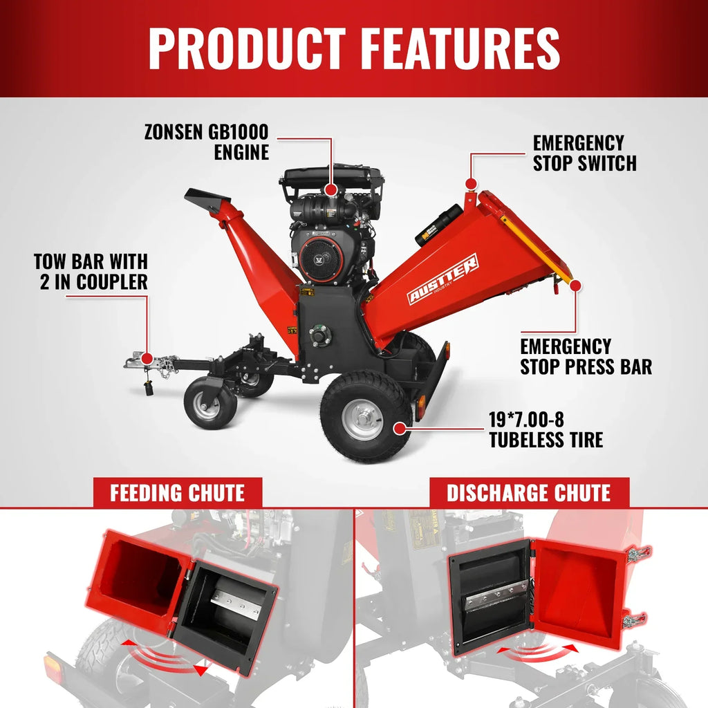 8 inch ZONSEN E-Start 1000cc 35hp Gas Powered 4 - Wheel Drum Wood Chipper with Taillight ,